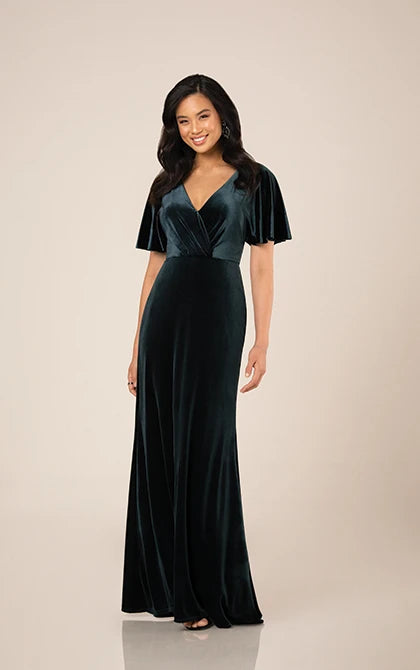 Value Deals Luxe Velvet Bridesmaid Dress with Flutter Sleeves and Back Detail