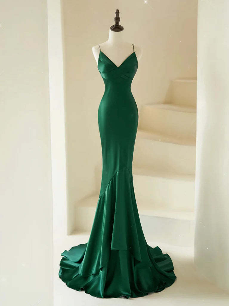 Quick Sale Mermaid V Neck Satin Green Long Prom Dress Formal Dress With Sweep Train