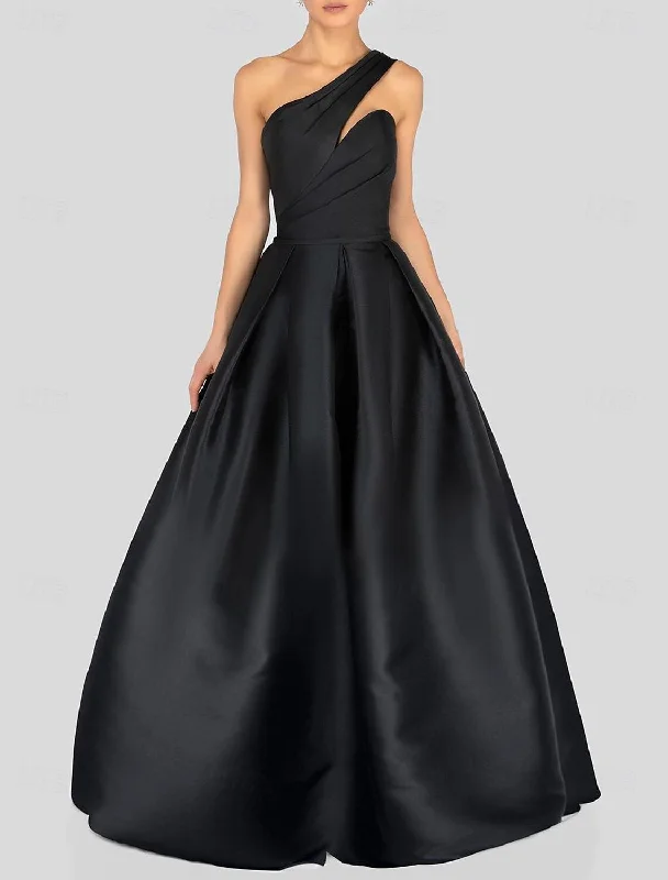 Unmissable Offer A-Line Prom Dresses Black Dress Dress Formal Prom Floor Length Sleeveless One Shoulder Satin with Ruched