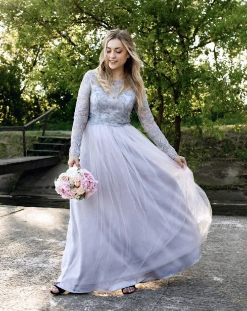 One-DAY Sale Silver Bridesmaid Dresses Long Sleeves Lace Floor-length Dresses