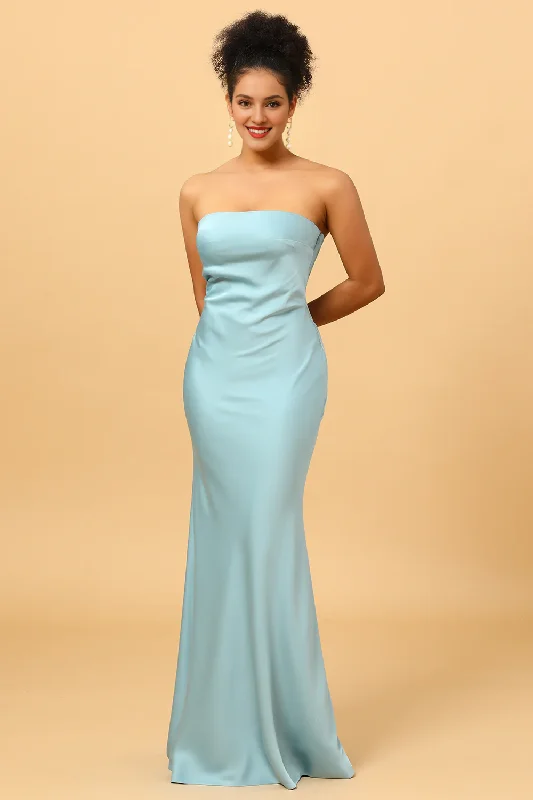 Extra Discounts Sky blue backless fish tail strapless and satin bridesmaid dress