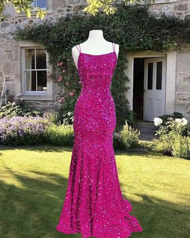 Daily Specials Mermaid Fuchsia Sequin Open Back Dress Prom Dresses