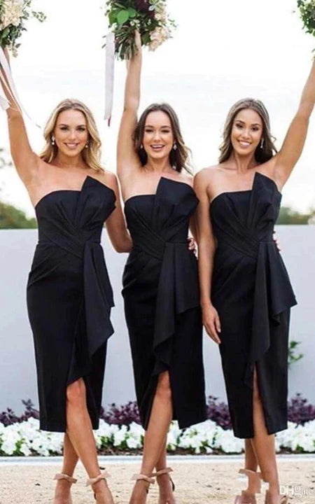 Best Deals Black Ruched Pencil Tea-length Bowed Bridesmaid Dress