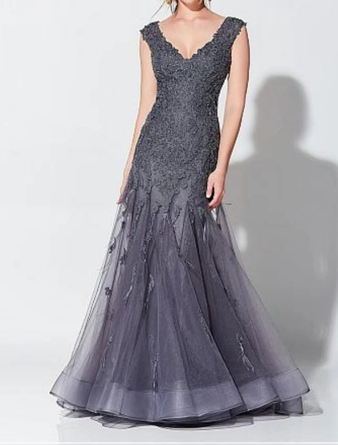 Price Buster Mermaid / Trumpet Elegant Wedding Guest Evening Dress V Neck Sleeveless Floor Length Tulle with Appliques