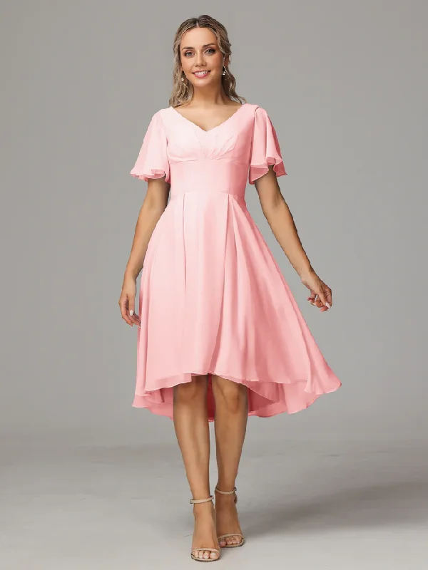Great Deals Cute A-Line Short Sleeves V Neck Knee Length Chiffon Bridesmaid Dresses
