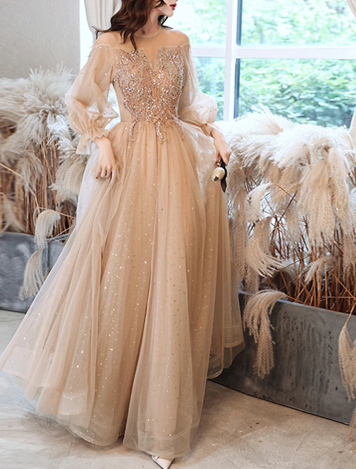 Instant Discount A-Line Prom Dresses Sparkle & Shine Dress Wedding Guest Prom Floor Length Long Sleeve Jewel Neck Lace with Rhinestone Appliques