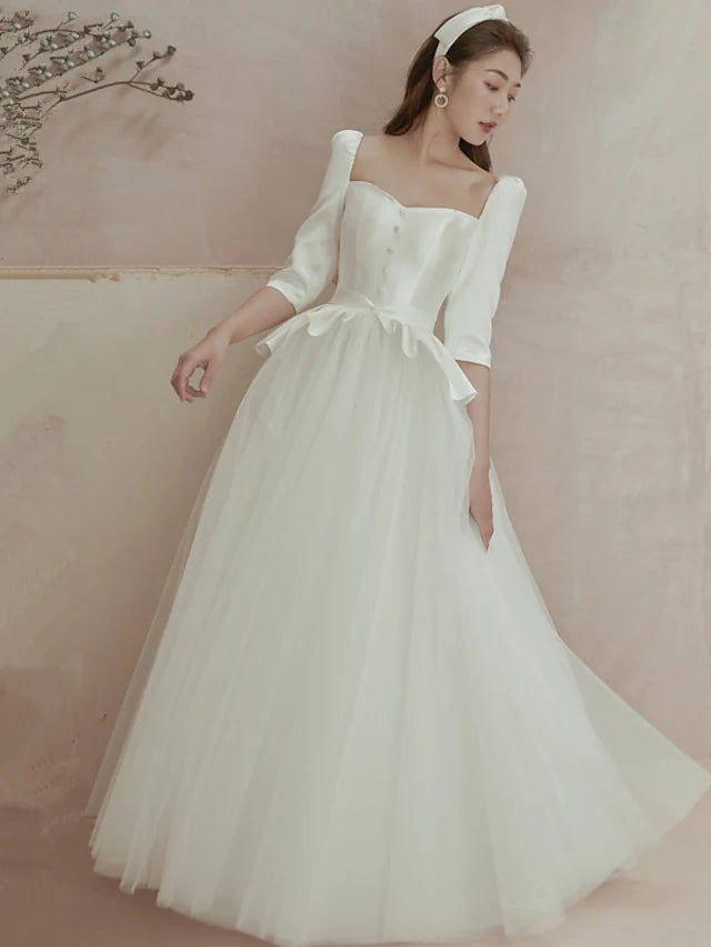 Closeout Wedding Dresses Floor Length A-Line  Length Sleeve Square Neck Satin With Pleats Ruffles