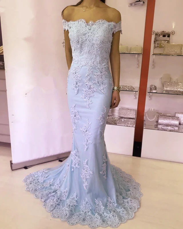 Online Specials Mermaid Off-the-shoulder Lace Overlay Prom Dresses with Sweep Train