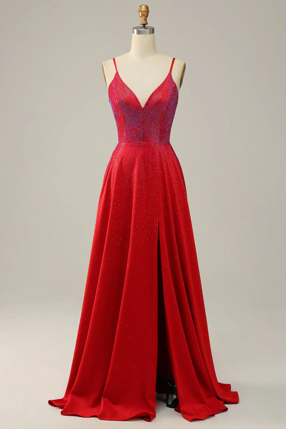 Flash Deals A Line Red Thin Shoulder Strap Beaded Long Prom Dress