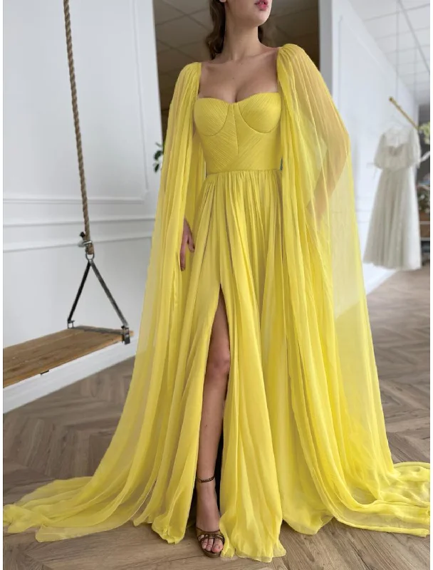 Clearance Event A-Line Prom Dresses Empire Dress Wedding Guest Engagement Court Train Long Sleeve Square Neck Tulle with Pleats Slit