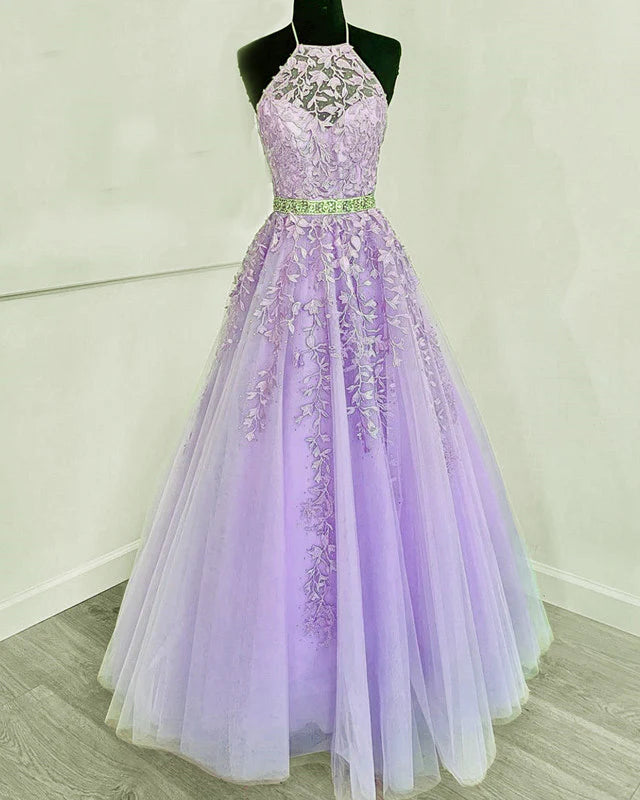 Limited Quantity Halter Prom Dresses Tulle Ball Gown Appliques A-Line Princess