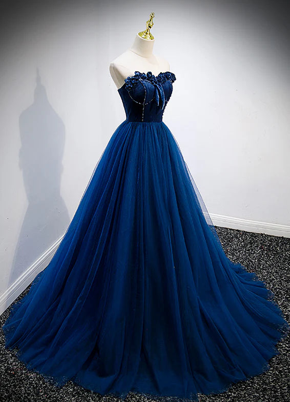 Crazy Deals A-Line Princess Blue Sweetheart Tulle and Velvet Long Party Dress Evening Dress Prom Dress