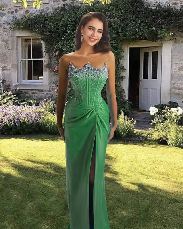 Buy Now Green Mermaid Beaded Strapless High Slit Satin Dress Prom Dresses