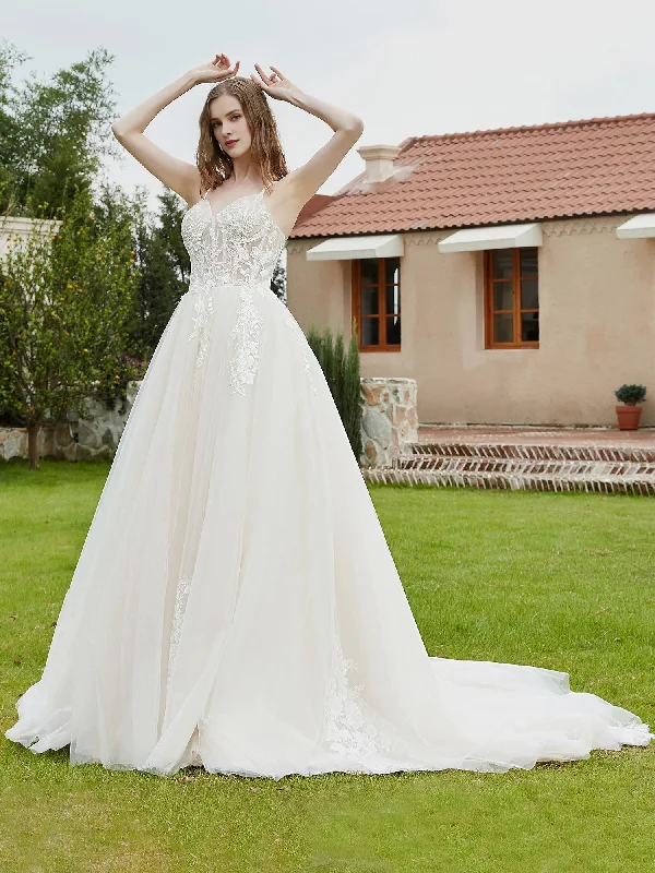 Crazy Deals Thin shoulder strap V-neck lace tight corset with appliqu é wedding dress