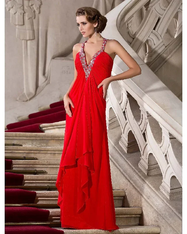 Customer Appreciation Sale Dress Formal Evening Floor Length Sleeveless Plunging Neck Chiffon with Beadin