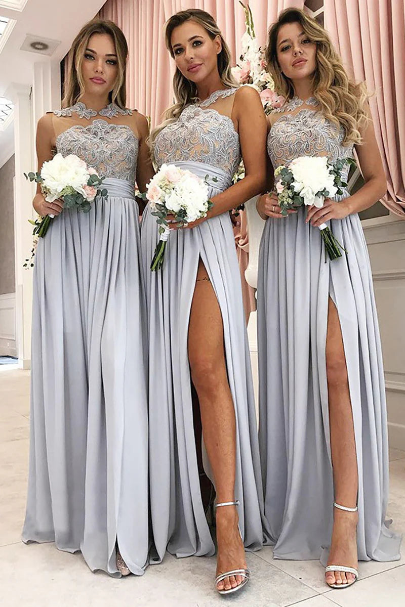 Value Deals Grey A-Line Illusion Round Neck Long Chiffon Bridesmaid Dress with Lace Value Deals Grey A-Line Illusion Round Neck Long Chiffon Bridesmaid Dress with Lace