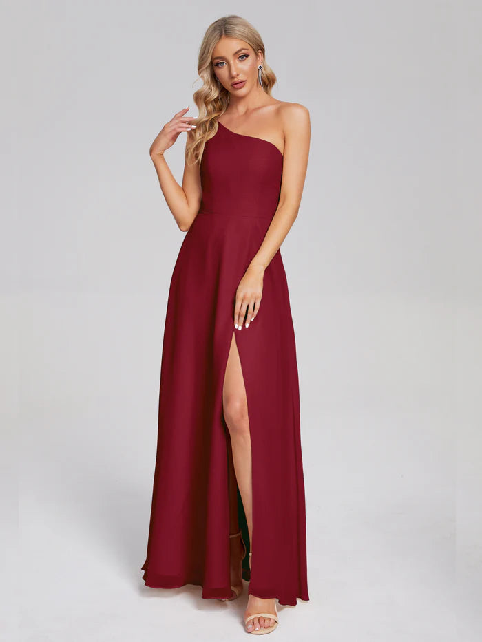 Holiday Sale One Shoulder Side Slit Chiffon Floor-length Bridesmaid Dress