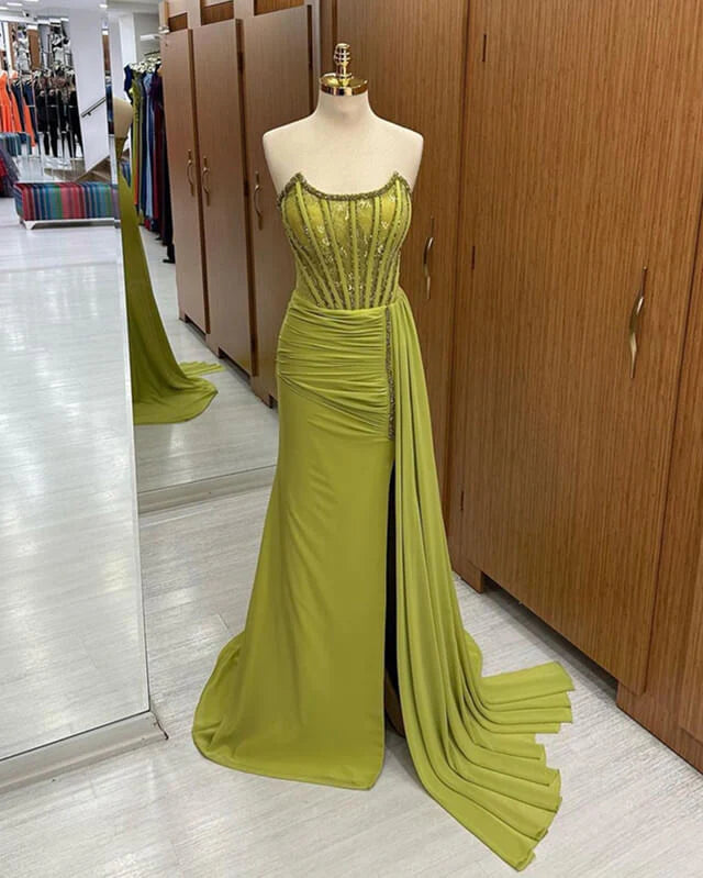 Can't Miss Strapless Corset Floor-length Ruched Prom Dresses Slit With Ribbons