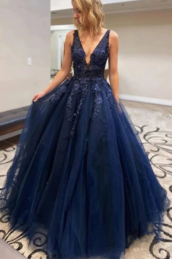 Weekend Special A Line V Neck Dark Blue Lace Beaded Prom Dresses, Dark Blue Lace Long Formal Evening Dresses Weekend Special A Line V Neck Dark Blue Lace Beaded Prom Dresses, Dark Blue Lace Long Formal Evening Dresses