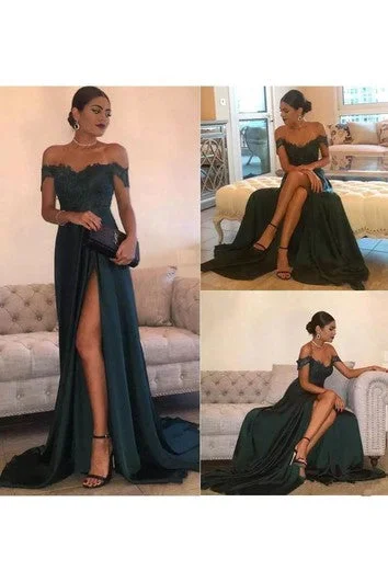 Can't Be Beat Off-the-shoulder A-line Floor-length Court Train Sleeveless Chiffon Lace Evening Dress with Zipper Back