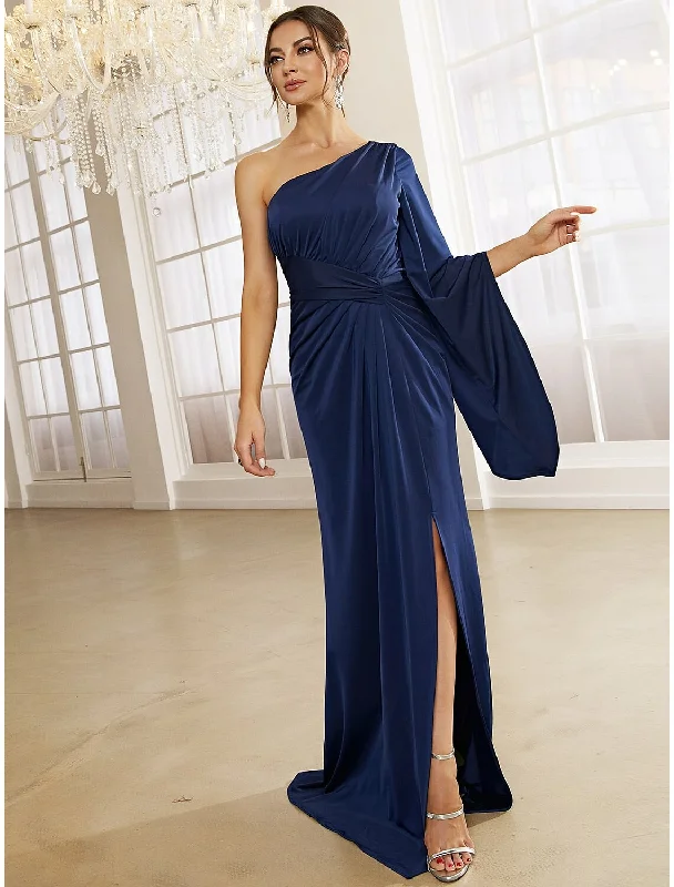 Year-End Sale A-Line Evening Gown Elegant Dress Formal Fall Sweep / Brush Train Long Sleeve One Shoulder Stretch Fabric with Pleats Ruched Slit