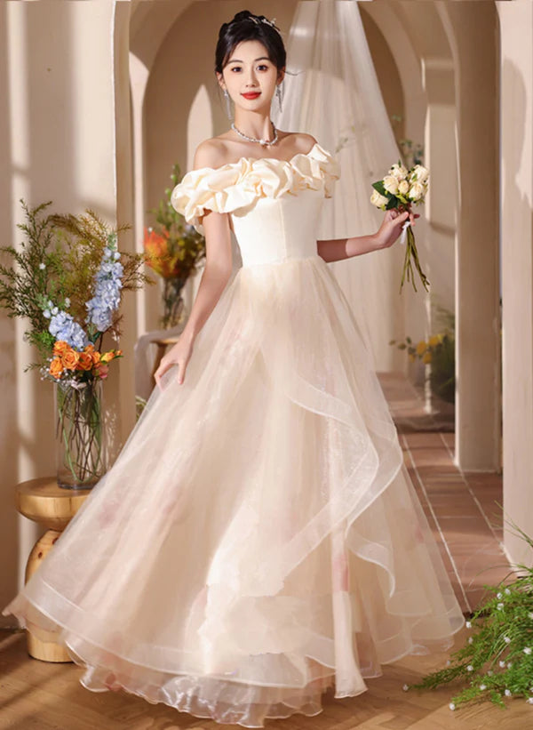 Overstock Sale A-line Light Champagne Off Shoulder Long Prom Dress Evening Dress
