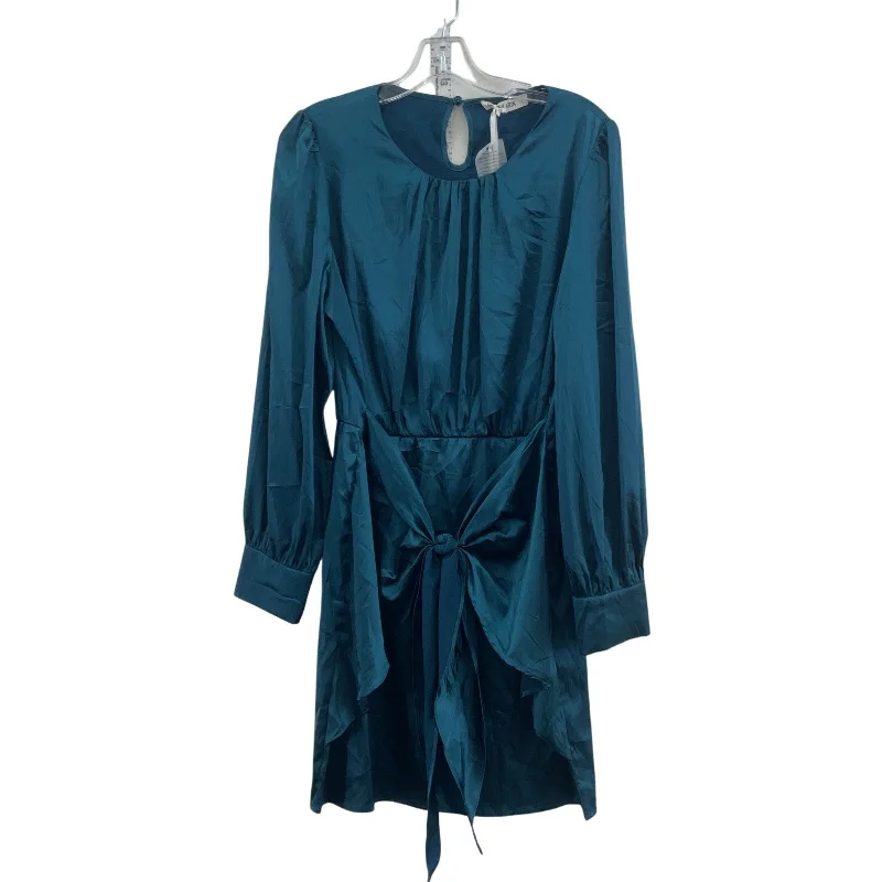 Overstock Grace Karin Women's Tied Front Ruffle Long Sleeve Blue Midi Blouson Dress L NWT
