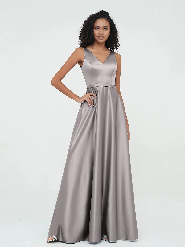 Savings Alert A-line V-neck Max Satin Dresses with Pockets-Silver Long Bridesmaid Dresses Savings Alert A-line V-neck Max Satin Dresses with Pockets-Silver Long Bridesmaid Dresses