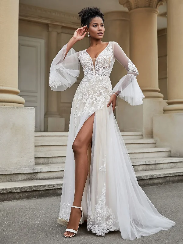Savings Galore V-neck A-line lace chiffon wedding dress