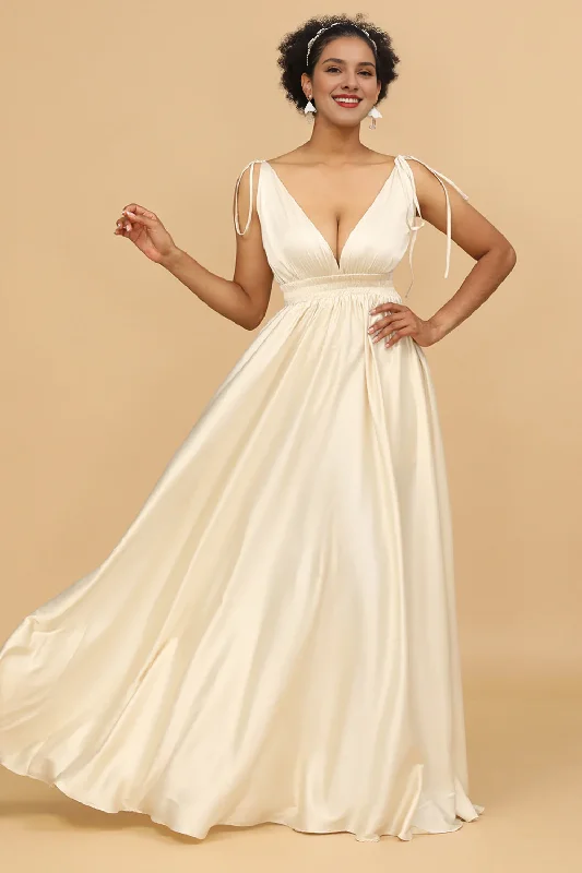 Doorbuster Deal Ivory A-line deep V-neck backless long bridesmaid dress