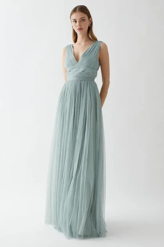 Savings Bonanza A-Line V Neck Pleated Waistband Mesh Bridesmaids Dress Wedding Guest Dresses
