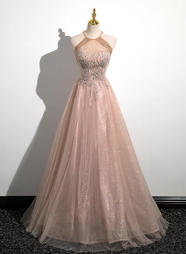 Discount Deals A-Line Princess Lovely Pearl Pink Halter Tulle With Lace Applique Party Dress Tulle Long Prom Dress