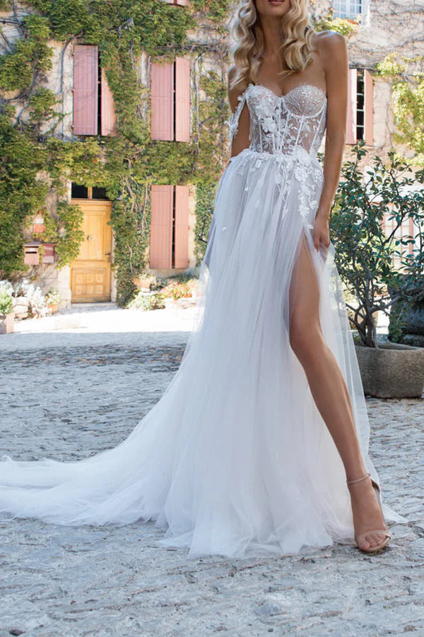 The Best Prices A Line Sweetheart Lace Applique Bohemian Split Wedding Dress