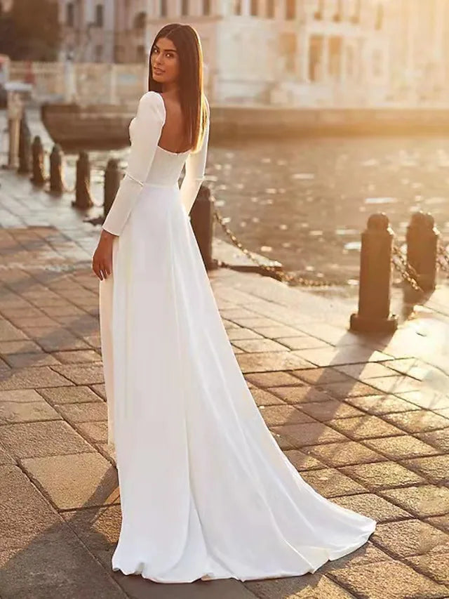 Reduced Prices Hall Casual Wedding Dresses Court  A-Line Long Sleeve Square Satin With Solid