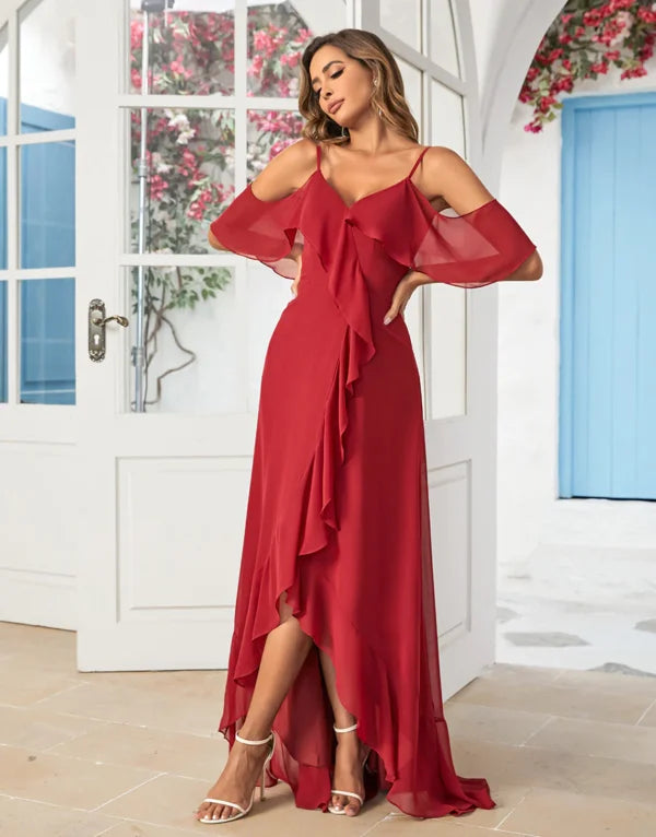 Low Prices A Line Off the Shoulder Burgundy Long with Ruffles Bridesmaid Dress