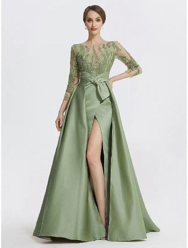 Super Sale A-Line Evening Gown Elegant Dress Formal Floor Length 3/4 Length Sleeve Jewel Neck Satin with Slit Embroidery Appliques