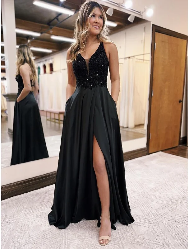 Limited Quantity A-Line Evening Gown Empire Dress Formal Prom Floor Length Sleeveless V Neck Pocket Satin Backless with Beading Appliques Limited Quantity A-Line Evening Gown Empire Dress Formal Prom Floor Length Sleeveless V Neck Pocket Satin Backless with Beading Appliques