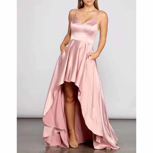 Final Markdown High Low Satin Bridesmaid Dress Prom Dresses With Pockets