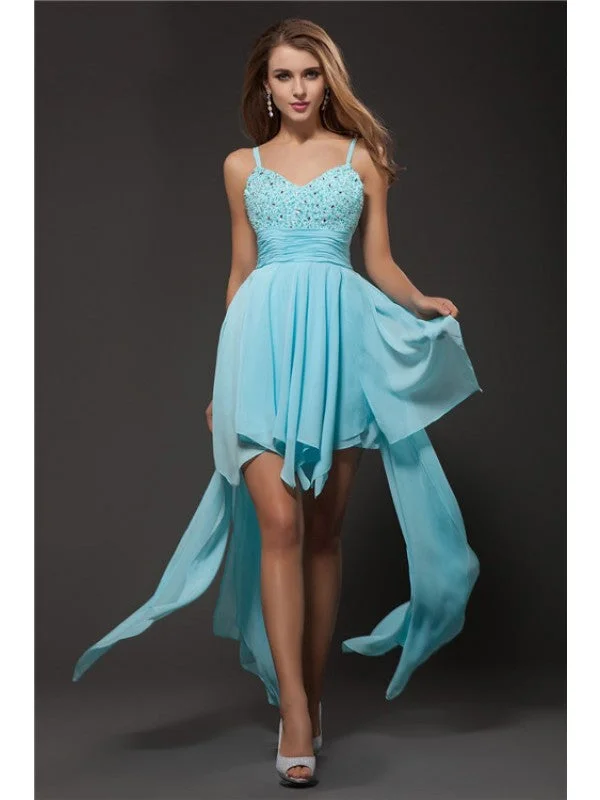 Low Prices A-Line/Princess Spaghetti Straps Sleeveless Rhinestone Chiffon Cocktail Dresses