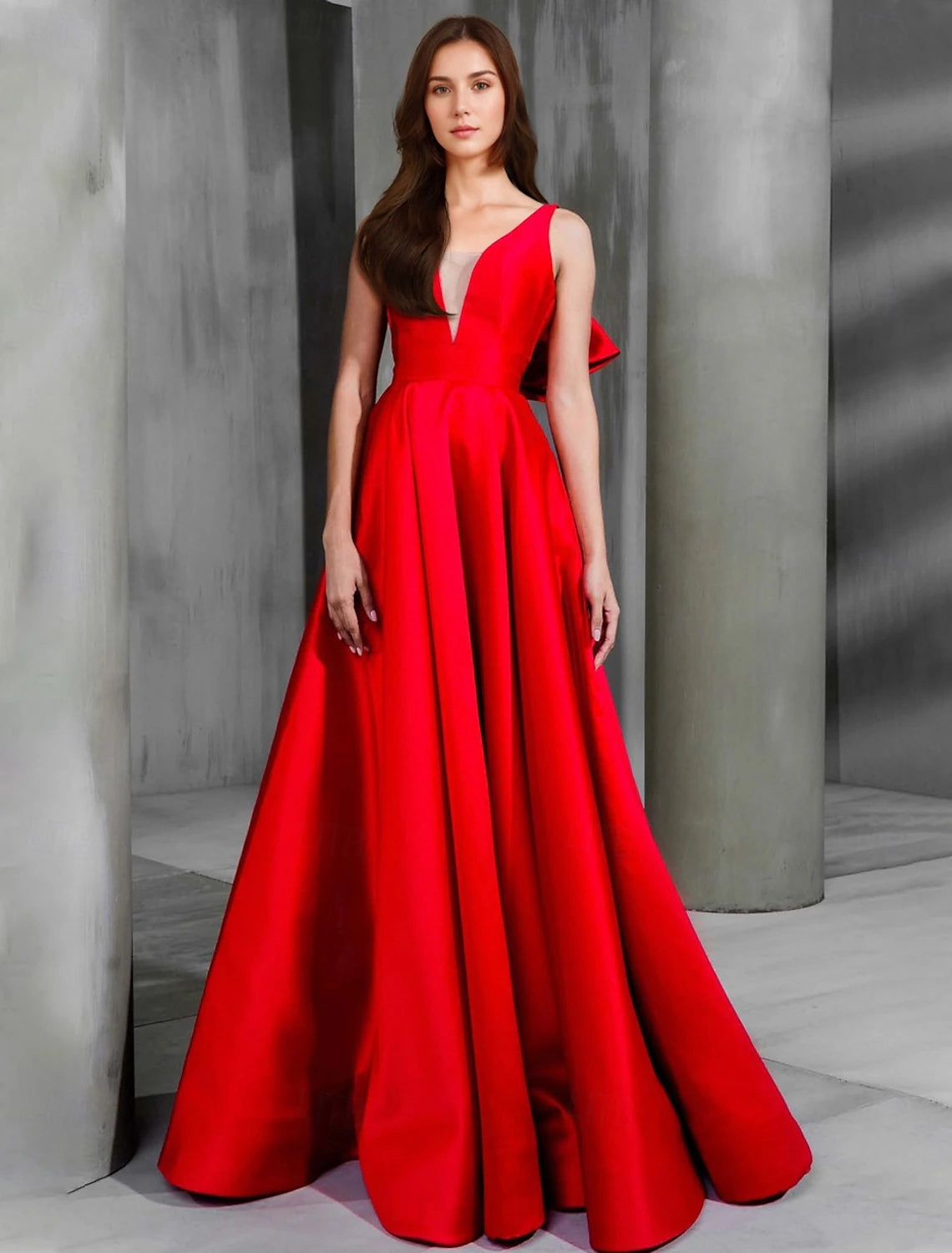 Overstock A-Line Evening Gown Christmas Dress Sleeveless V Neck Satin with Bow(s)