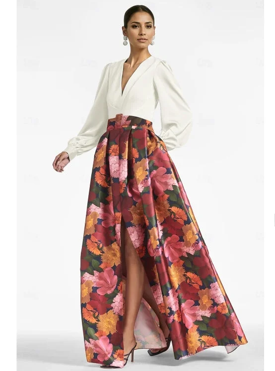 Lowest Price A-Line Evening Gown High Split Formal Wedding Guest Floor Length Long Sleeve V Neck Belt / Sash Satin with Floral Print Lowest Price A-Line Evening Gown High Split Formal Wedding Guest Floor Length Long Sleeve V Neck Belt / Sash Satin with Floral Print