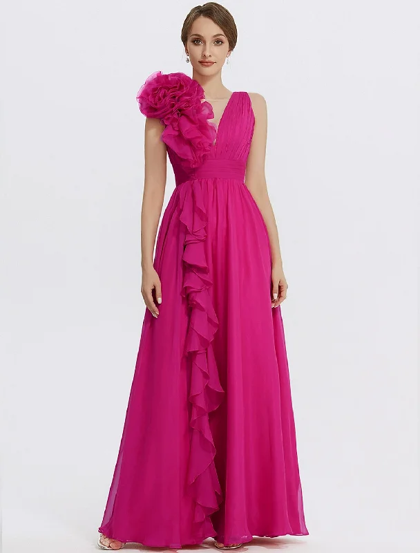 Exclusive Savings A-Line Evening Gown Floral Dress Formal Wedding Guest Floor Length Sleeveless V Neck Chiffon with Ruched Appliques
