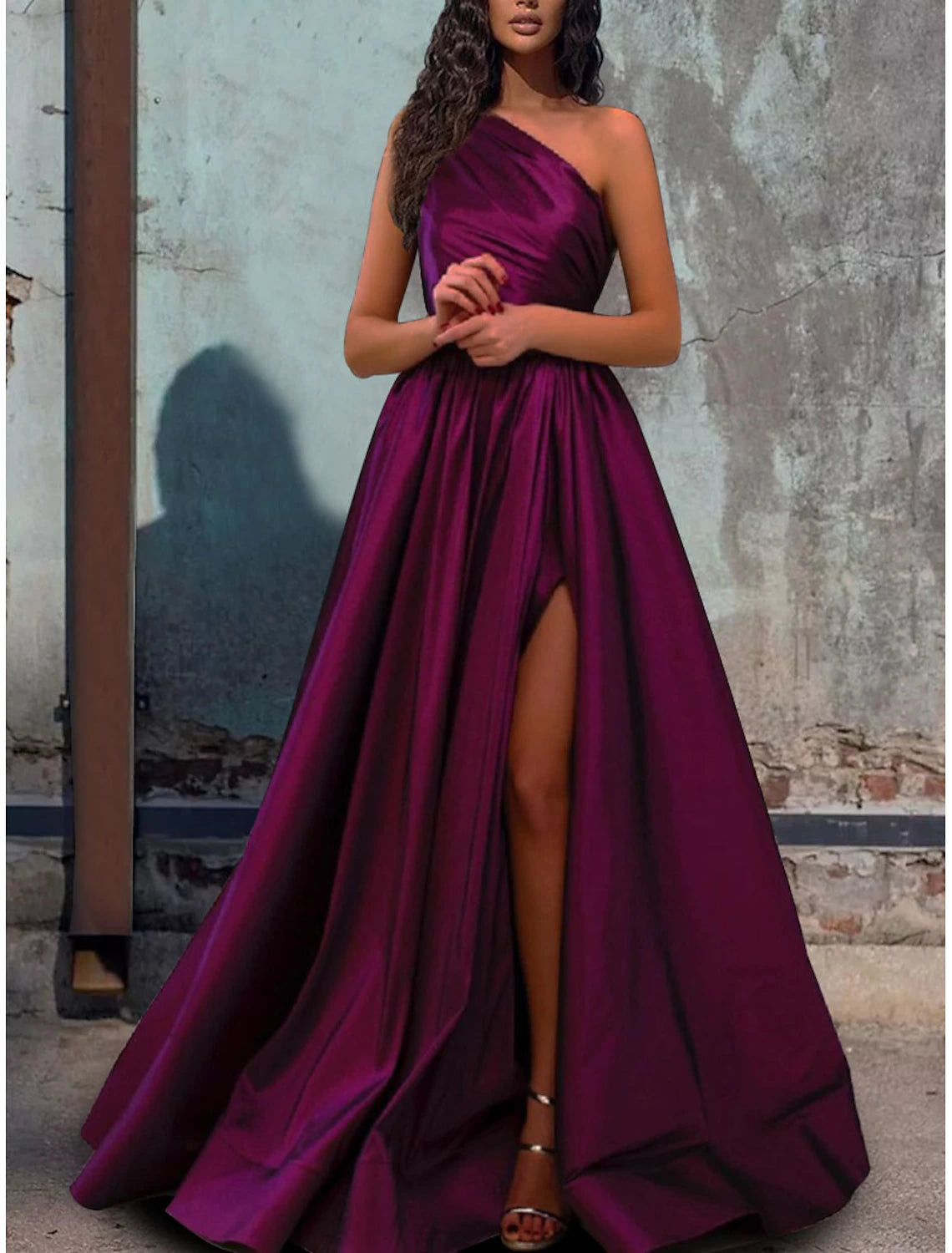 Price Break A-Line Evening Gown Elegant Dress Wedding Guest Engagement Floor Length Sleeveless One Shoulder Satin with Pleats Slit Price Break A-Line Evening Gown Elegant Dress Wedding Guest Engagement Floor Length Sleeveless One Shoulder Satin with Pleats Slit
