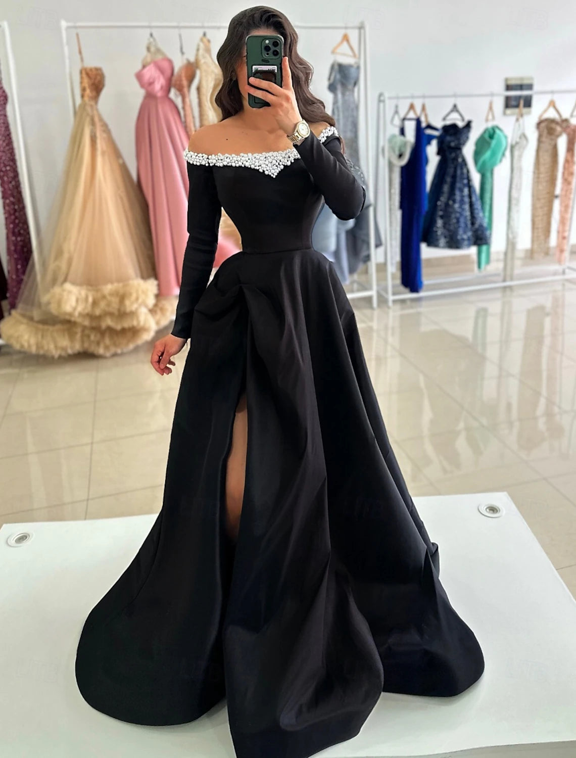 Flash Sale A-Line Evening Gown Floor Length Long Sleeve Off Shoulder Pocket Satin with Pearls Flash Sale A-Line Evening Gown Floor Length Long Sleeve Off Shoulder Pocket Satin with Pearls