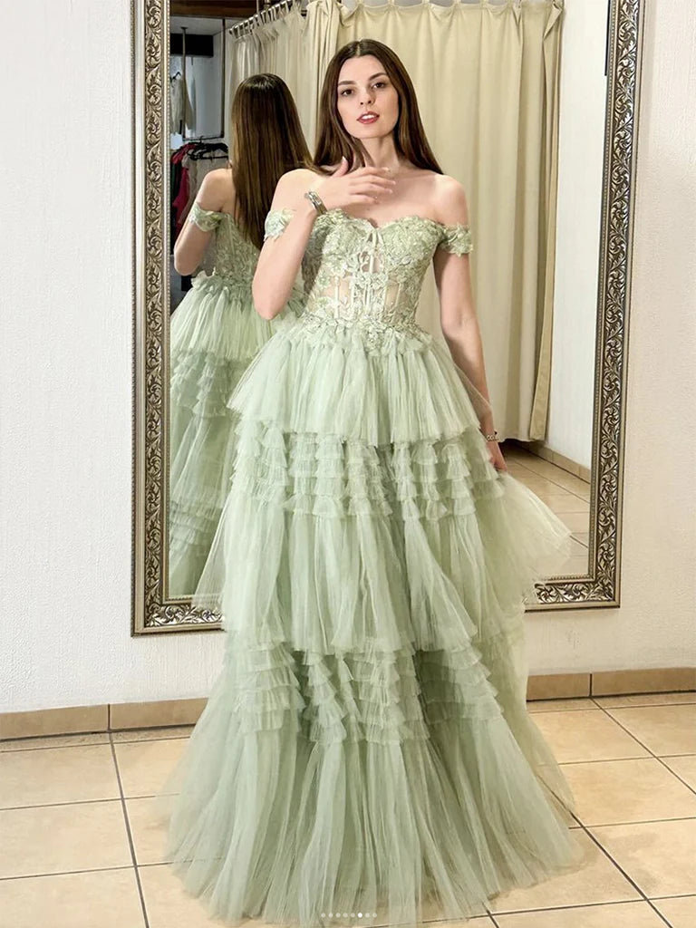 Markdown Madness A-Line Princess Off Shoulder Tulle Lace Corset Ruffle Tiered Green Long Prom Dress