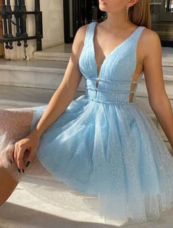 Seasonal Clearance A-Line Homecoming Dresses Sleeveless Sparkle & Shine Dress Party Dress Knee Length V Neck Tulle With Sequin Pure Color Seasonal Clearance A-Line Homecoming Dresses Sleeveless Sparkle & Shine Dress Party Dress Knee Length V Neck Tulle With Sequin Pure Color