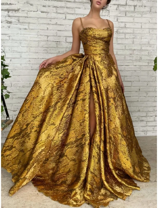 Amazing Deals A-Line Evening Gown High Split Dress Formal Red Green Dress Court Train Sleeveless Spaghetti Strap Sequined with Glitter Pleats Ruched