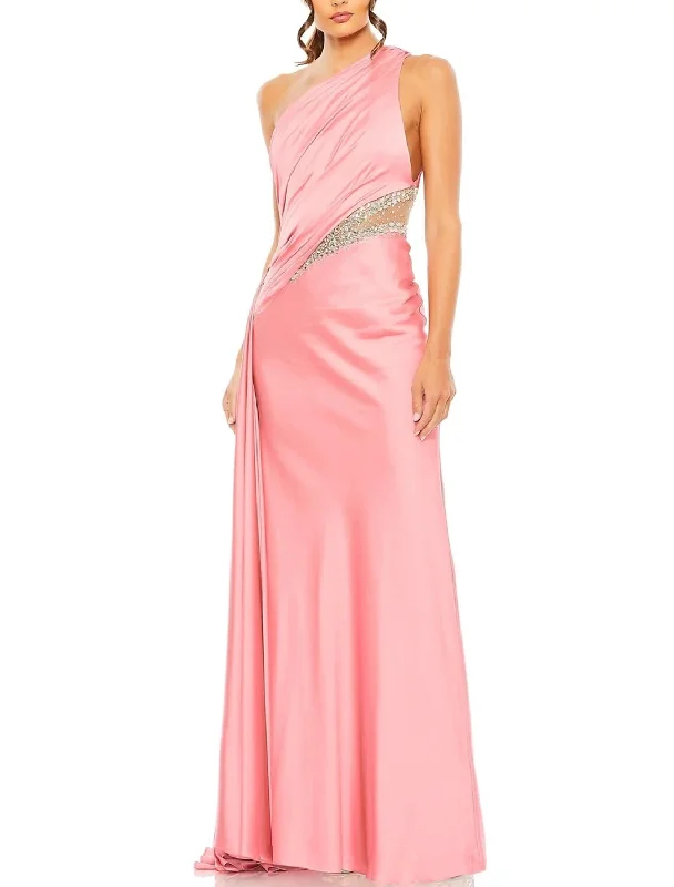 Now or Never A-Line Evening Gown Elegant Dress Formal Floor Length Sleeveless One Shoulder Satin with Glitter Ruched Sequin