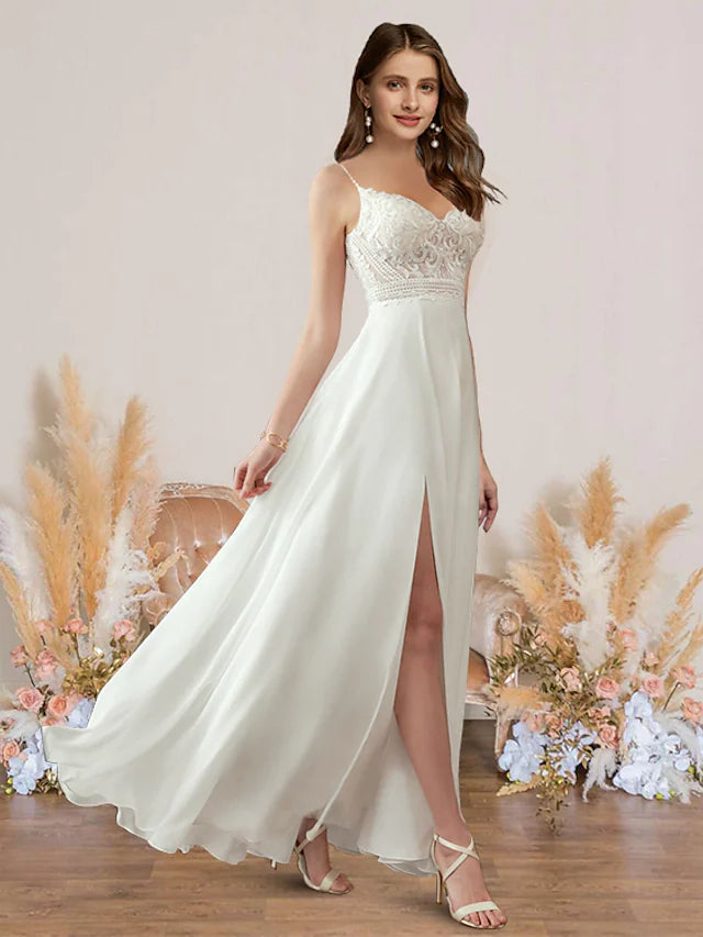 Early Access Beach Wedding Dresses Floor Length A-Line Sleeveless V Neck Spaghetti Strap Chiffon With Pleats Appliques