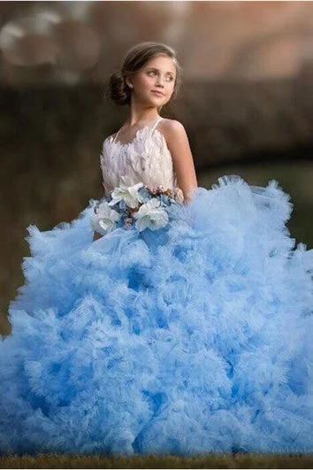 Year-End Sale Tulle Spaghetti Cross Back Sash Bow Ball Gown Flower Girl Dress